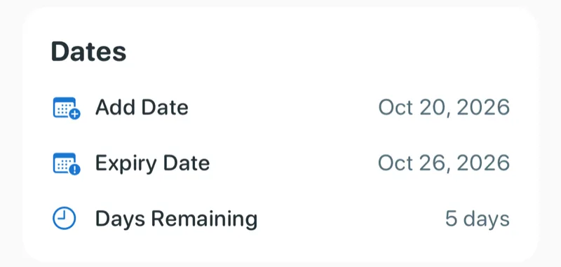 Panzy item screen with a Dates card showing the add date, the expiry date and 5 days remaining