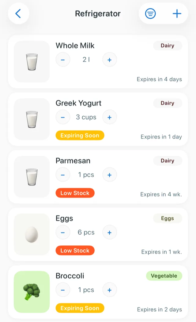 Panzy's Refrigerator list showing milk, yogurt, parmesan, eggs and broccoli with expiry dates and Expiring Soon and Low Stock labels
