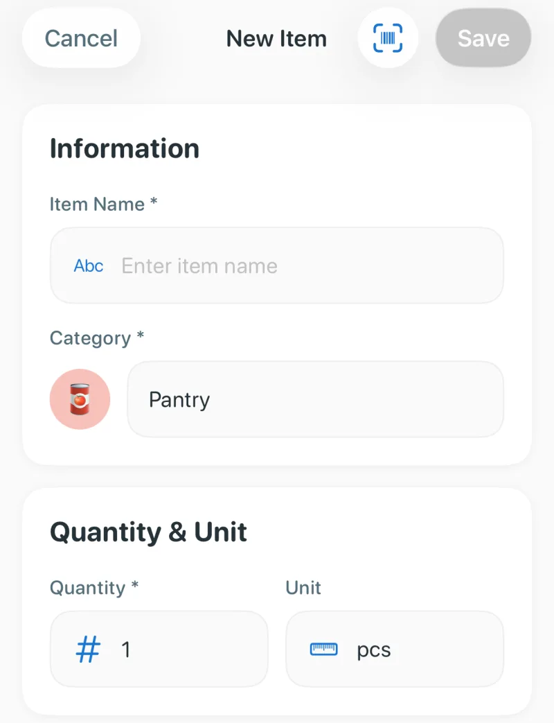 Panzy's New Item form with fields for item name, category, quantity and unit, and a barcode scanner button at the top
