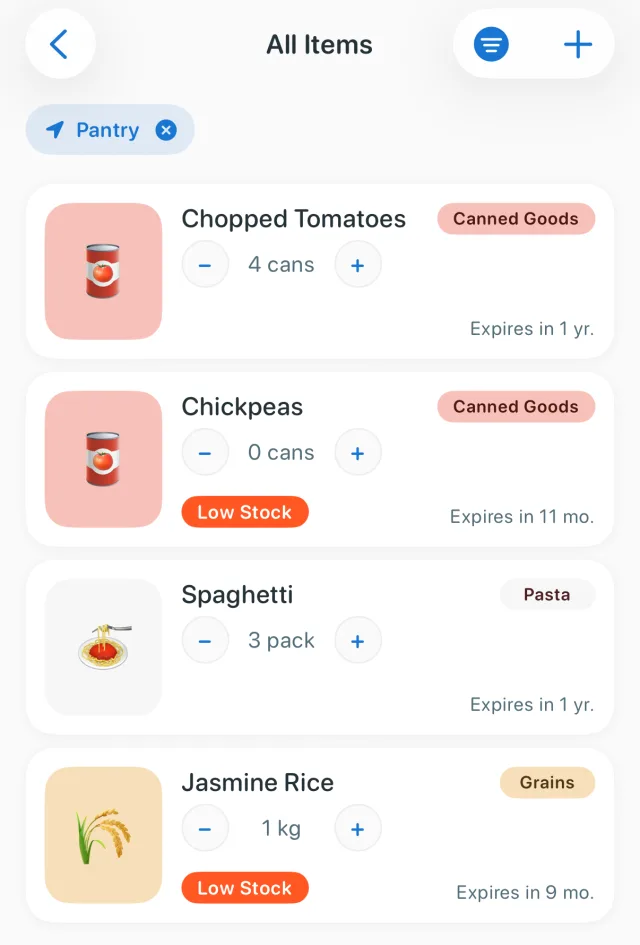 Panzy's All Items list filtered to the Pantry location, showing chopped tomatoes, chickpeas, spaghetti and jasmine rice, with Low Stock labels on the chickpeas and the rice