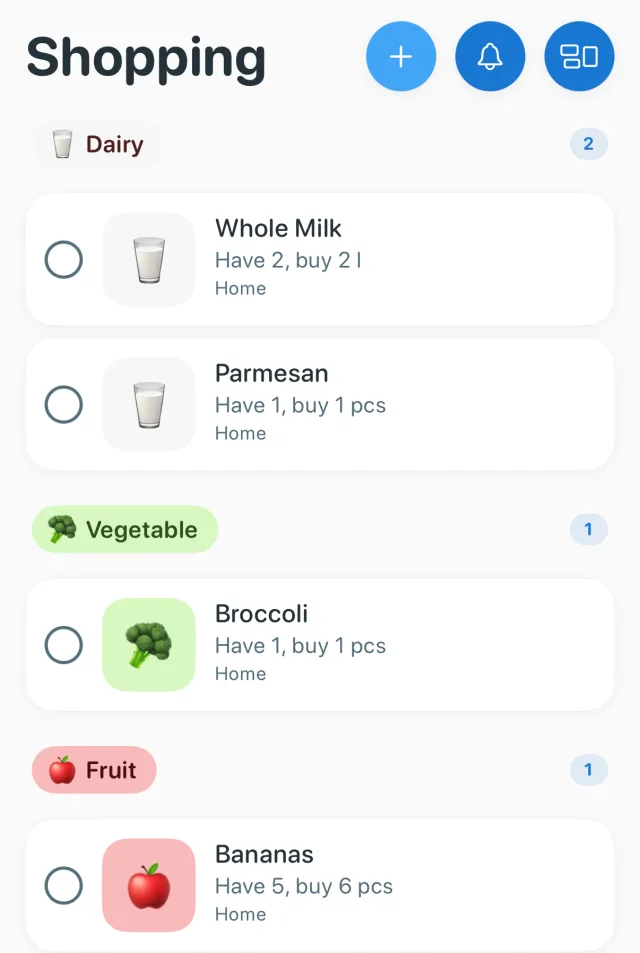 Panzy's shopping list grouped by category, with Dairy, Vegetable and Fruit sections showing how many you have and how many to buy
